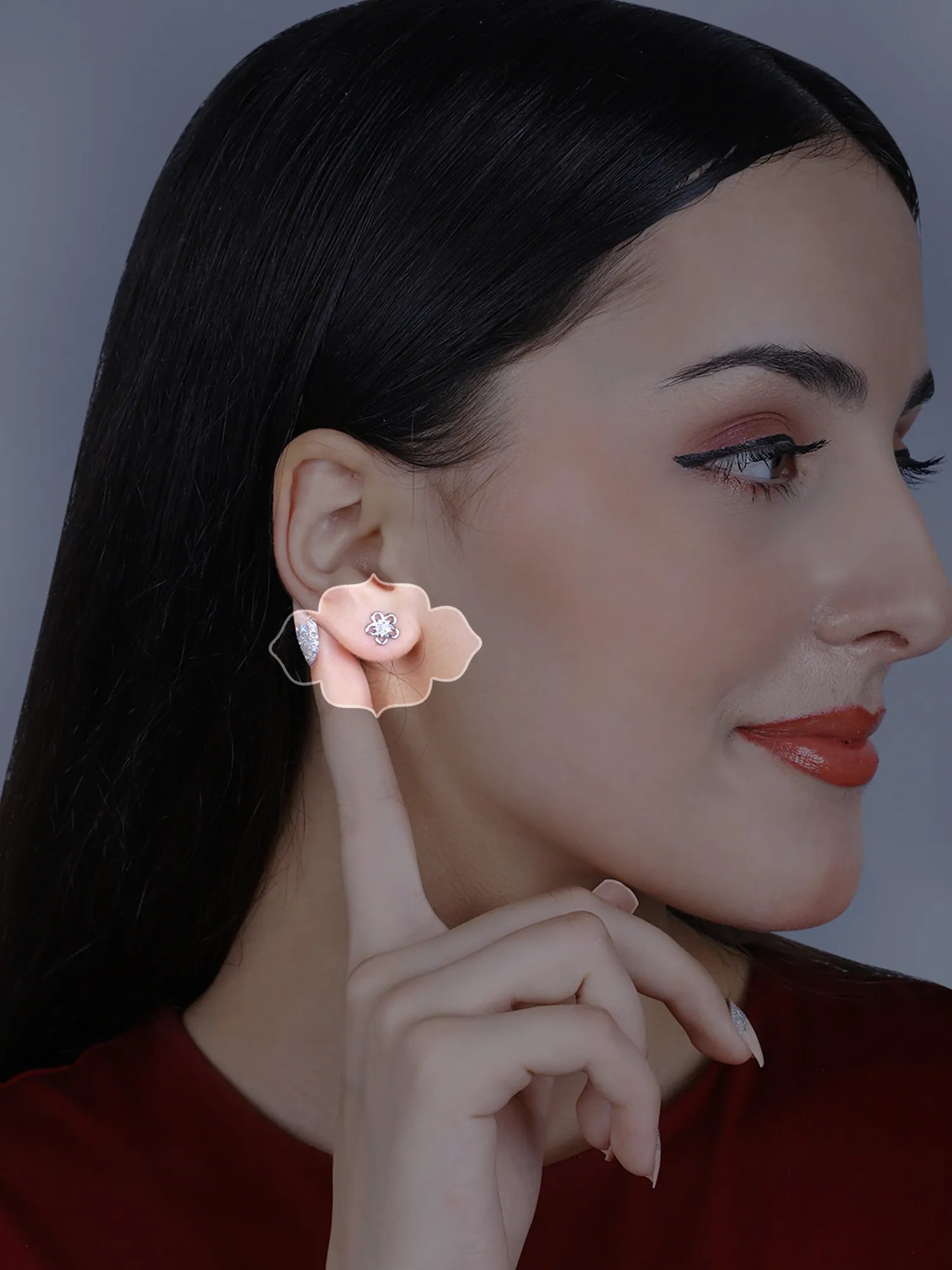 Sylvexia Silver Double Layer Floral Crystal Stud Earrings