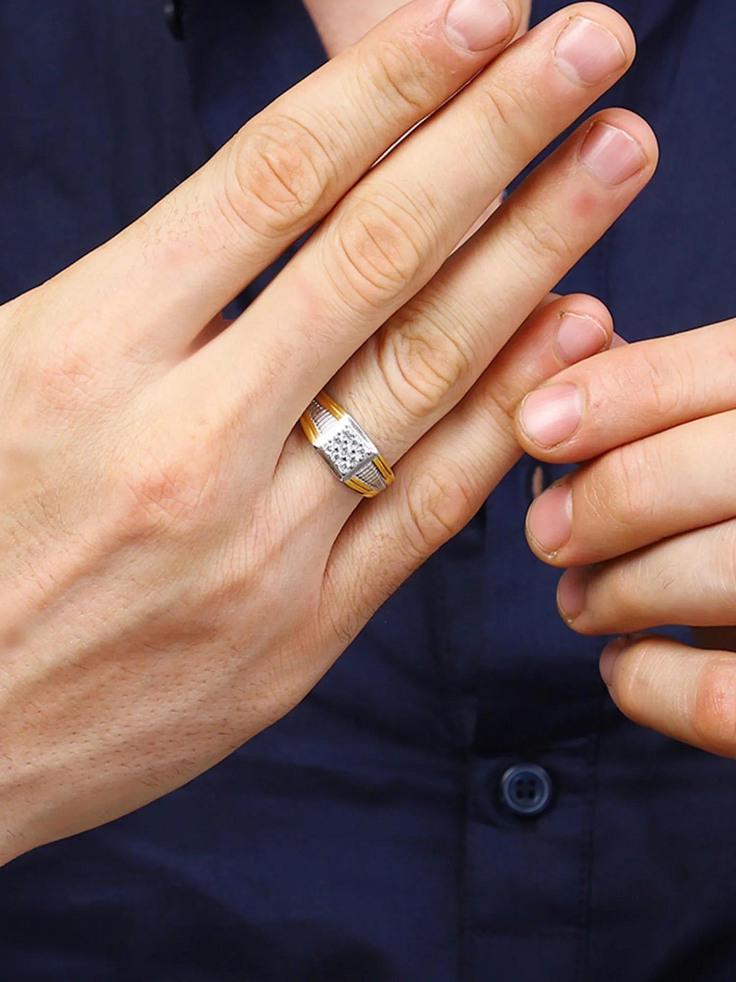 Sylvexia Two Tone CZ Stone Ring for Men Square Cluster Designer Silver & Gold Ring