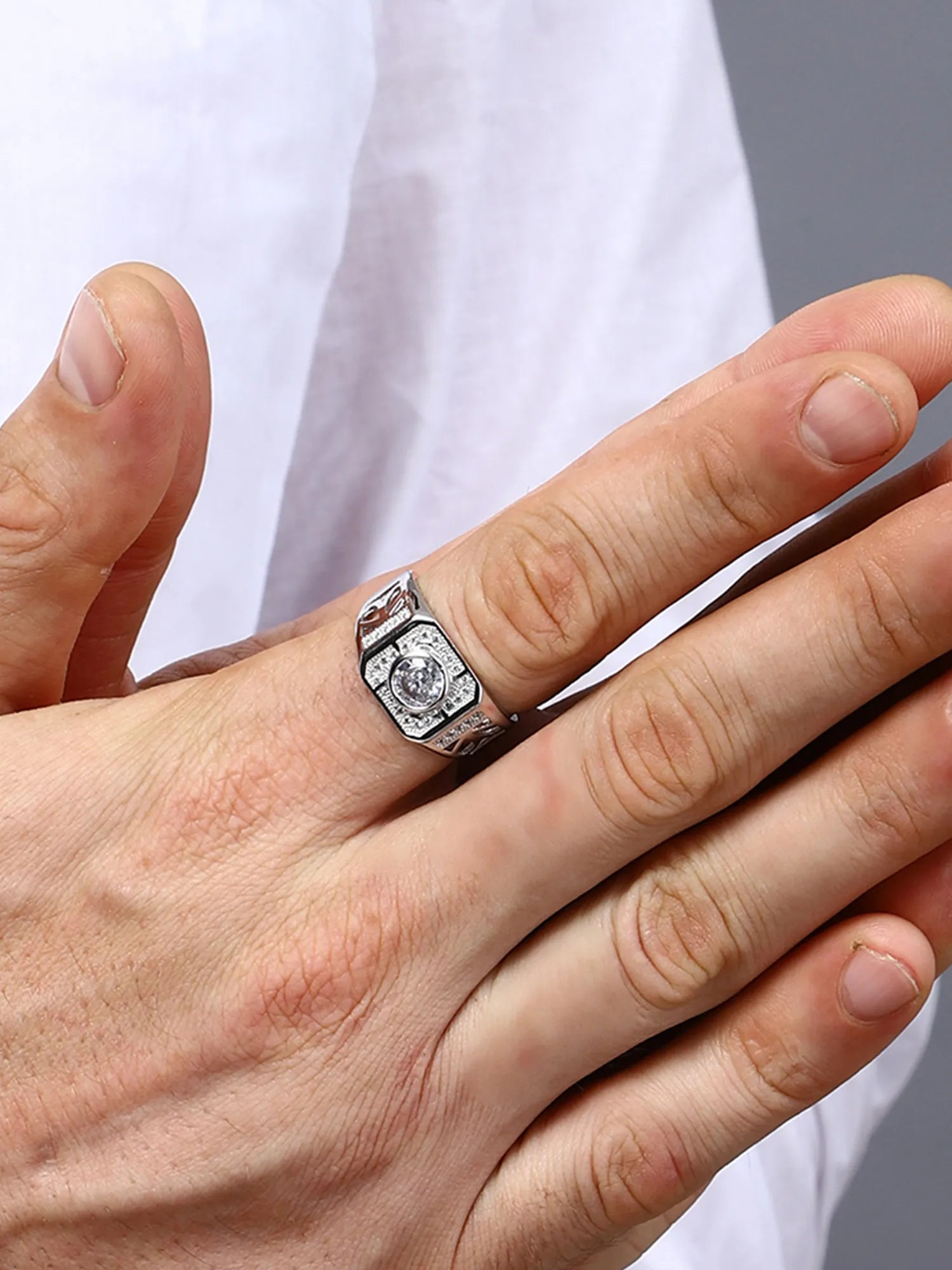 Sylvexia Men’s Silver Round Halo CZ Ring | Geometric Cut Designer Statement Ring
