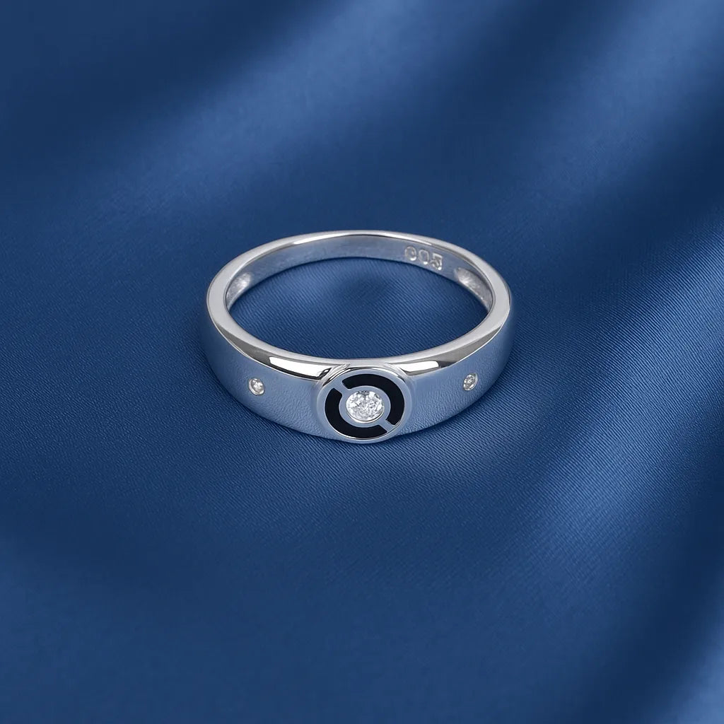 925 Sterling Silver Circle Black Enamel Stone Ring for Women