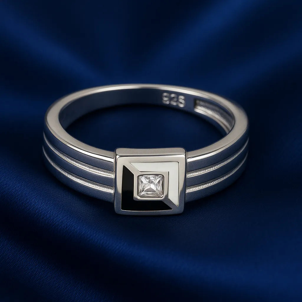 925 Sterling Silver Square Black Enamel Stone Ring for Women