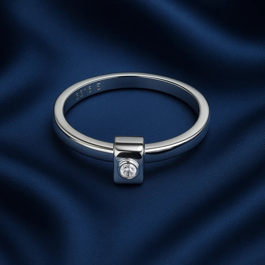 925 Sterling Silver Minimal Square Stone Ring for Women