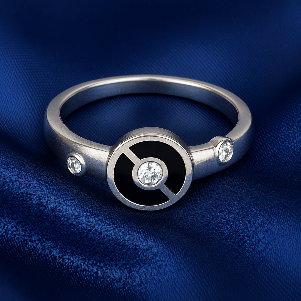 925 Sterling Silver Black Enamel Circle Ring for Women Elegant Stone Design