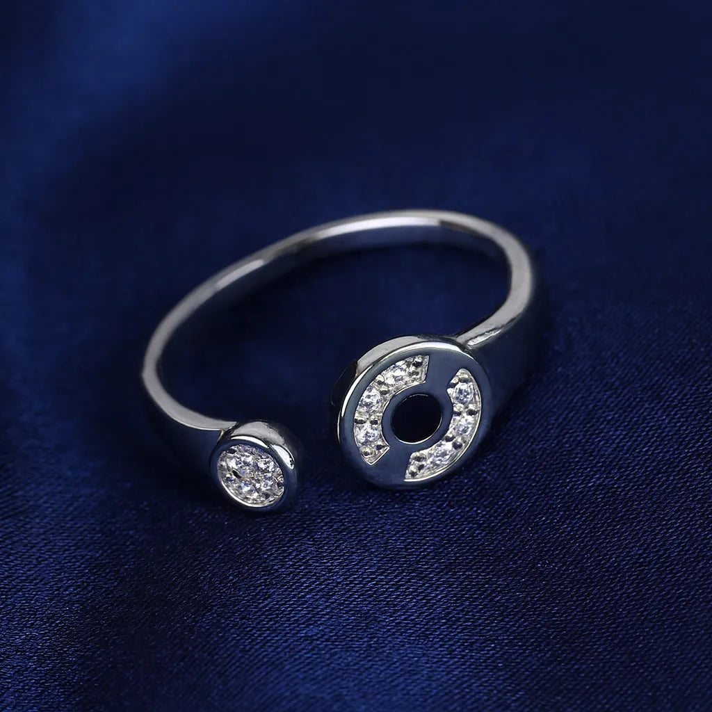 925 Sterling Silver Dual Circle Ring for Women Black Stone & Sparkling Design