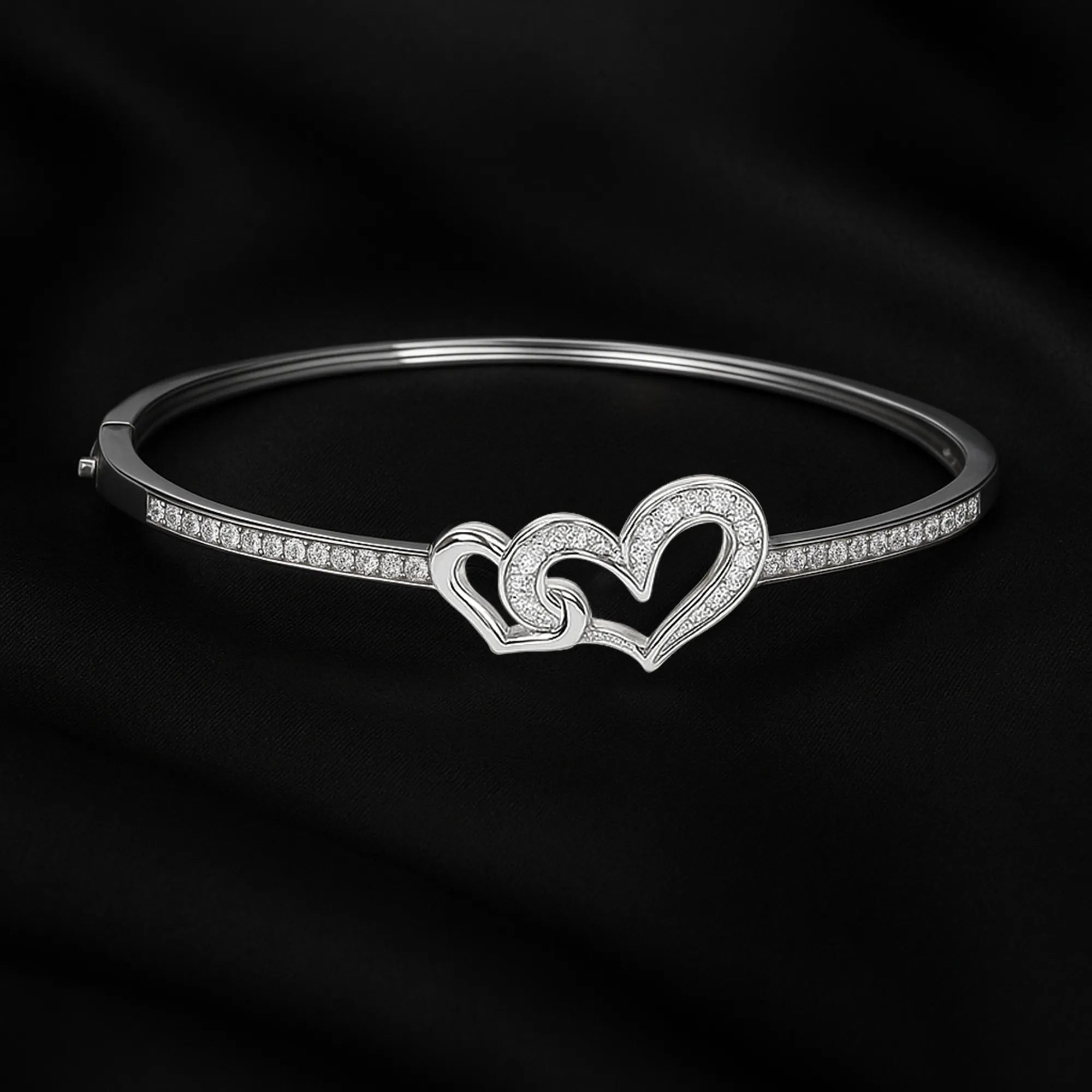 Elegant Double Heart Diamond Bangle Bracelet – Silver Crystal Cuff for Women