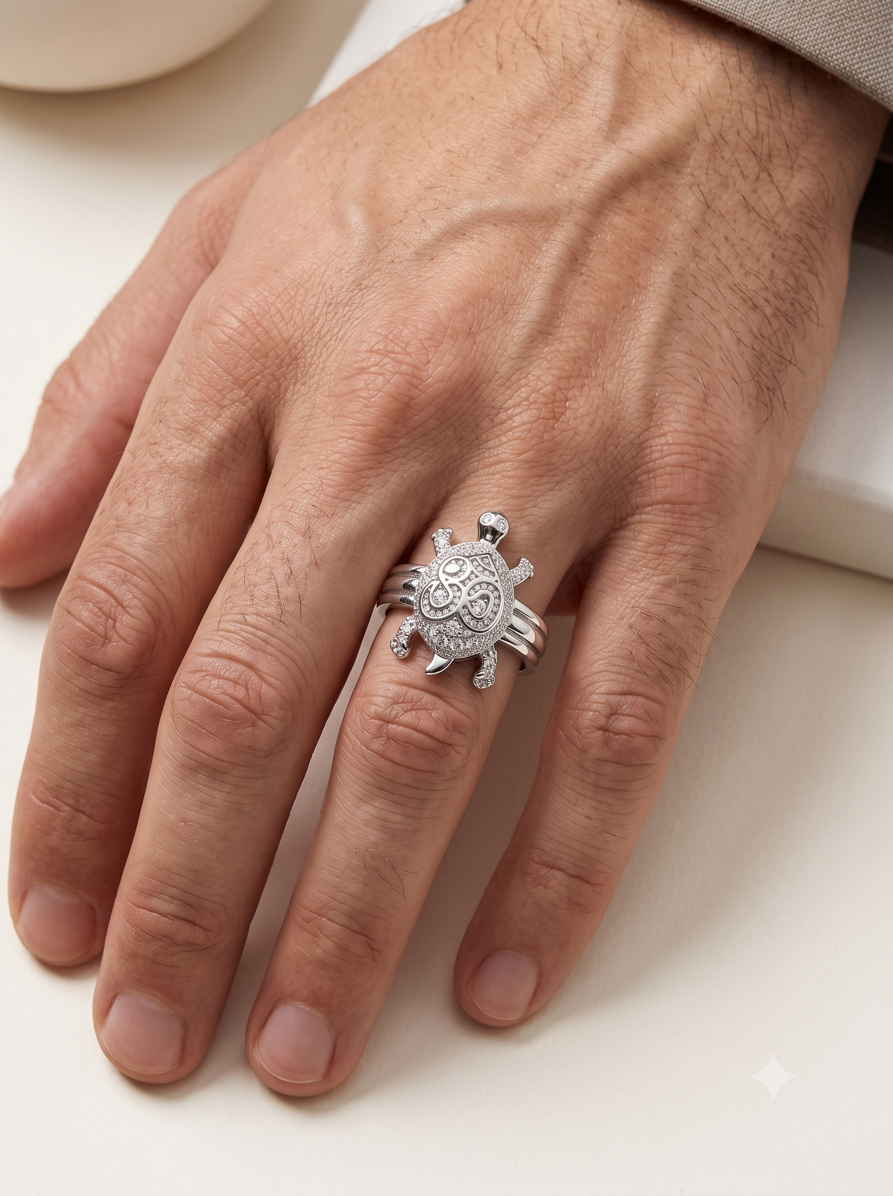 SYLVEXIA 925 Sterling Silver Om Turtle CZ Statement Ring for Men