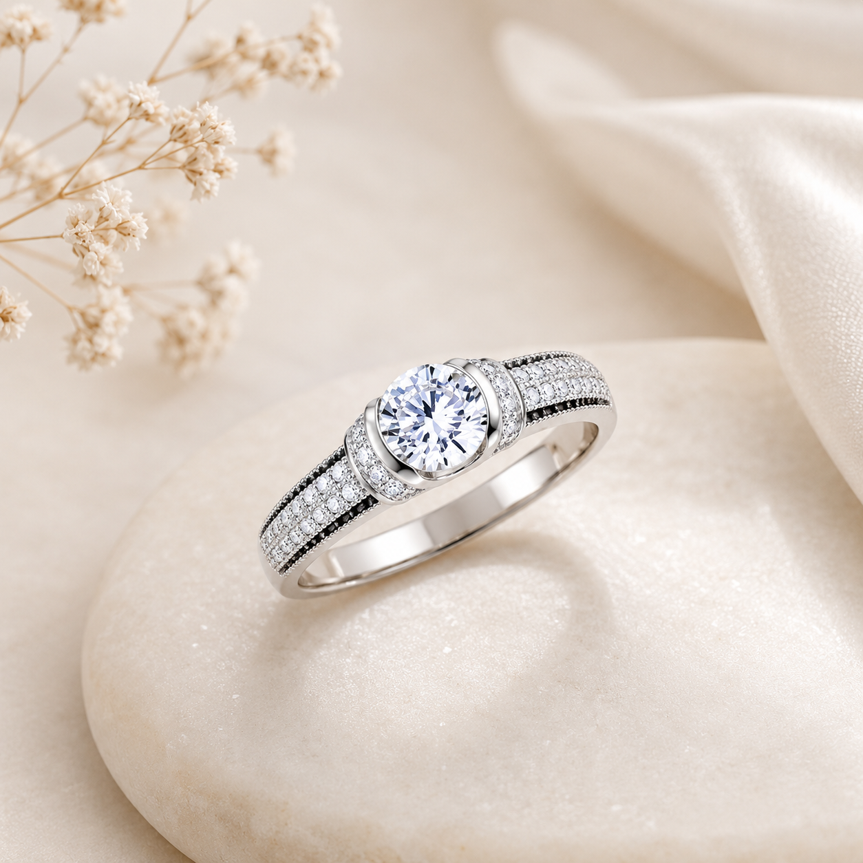 925 Sterling Silver Two Tone Black Ring with CZ Stones for Women
