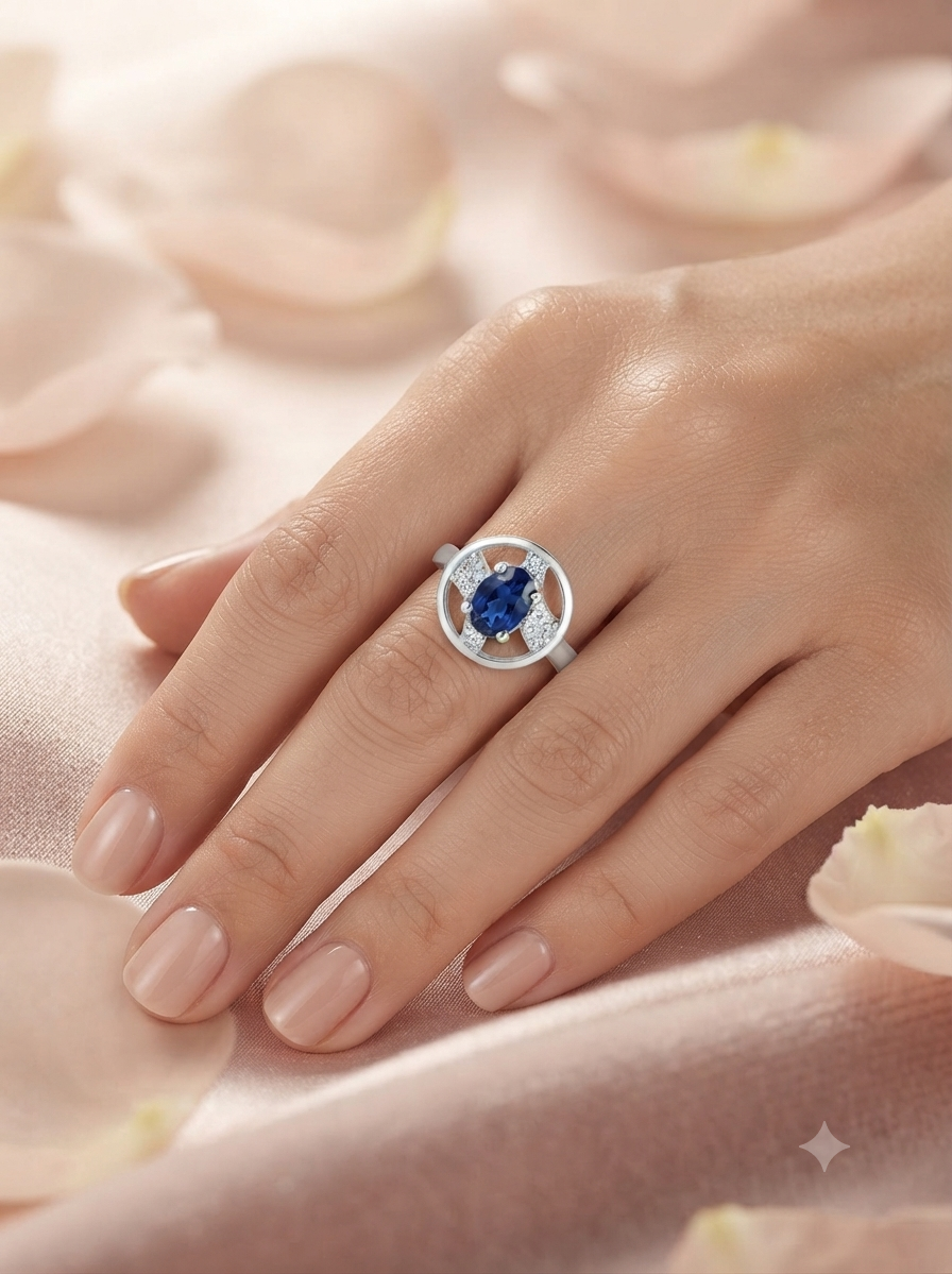 SYLVEXIA 925 Sterling Silver Blue Oval Stone Ring for Women