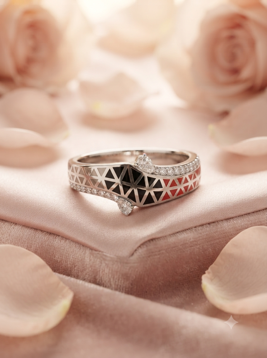 SYLVEXIA 925 Sterling Silver Red Black Geometric Ring