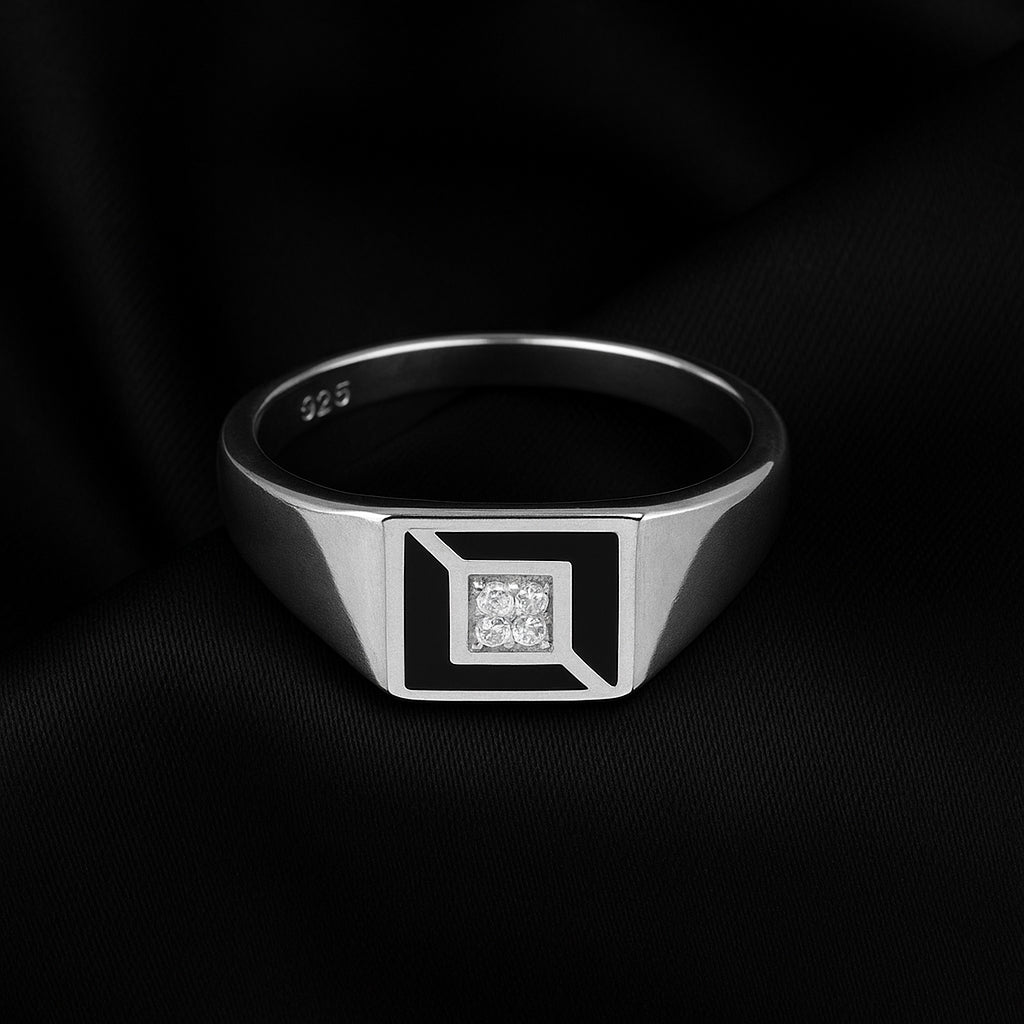Sylvexia 925 Sterling Silver Men's Black Enamel CZ Signet Ring