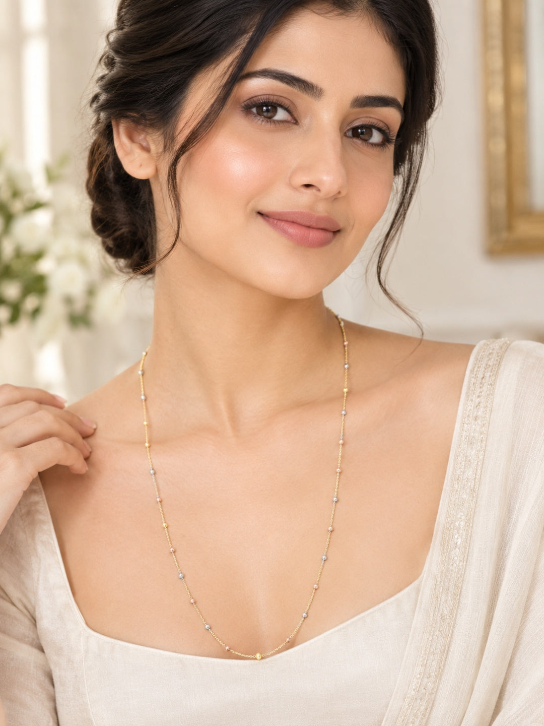 925 Streling Silver Tri-Colour Gold Beaded Station Chain Necklace for Women