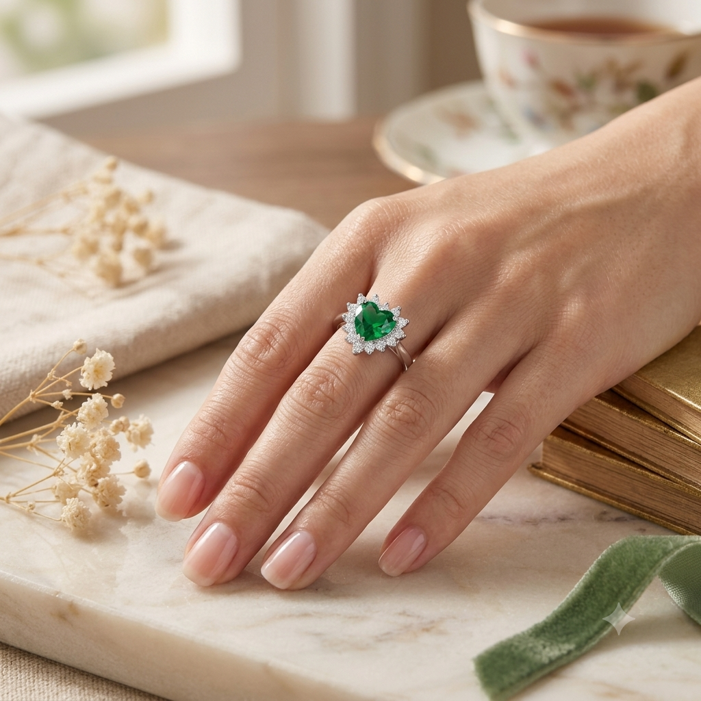 Sylvexia Heart Cut Green Emerald Halo Ring in 925 Sterling Silver Ring for Women