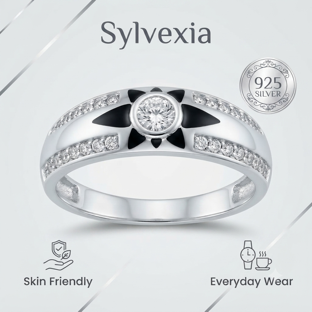 Sylvexia 925 Sterling Silver Black Enamel CZ Floral Band Ring for Women