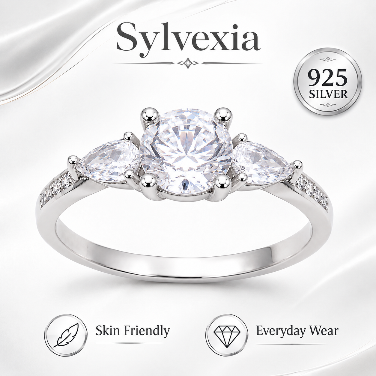 SYLVEXIA 925 Sterling Silver Three Stone Cubic Zirconia Ring for Women