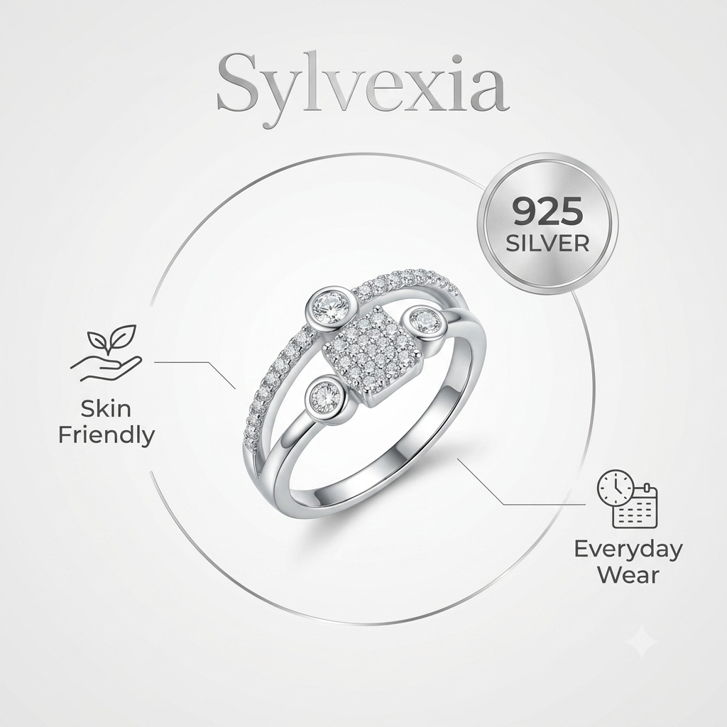 SYLVEXIA 925 Sterling Silver Square Cluster Cubic Zirconia Ring for Women