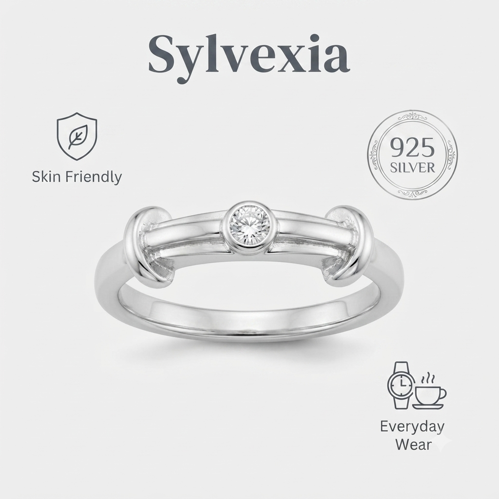 SYLVEXIA 925 Sterling Silver Bezel Set Cubic Zirconia Open Ring for Women