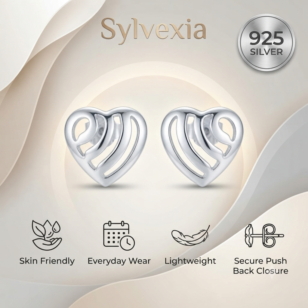 SYLVEXIA 925 Sterling Silver Open Heart Stud Earrings for Women
