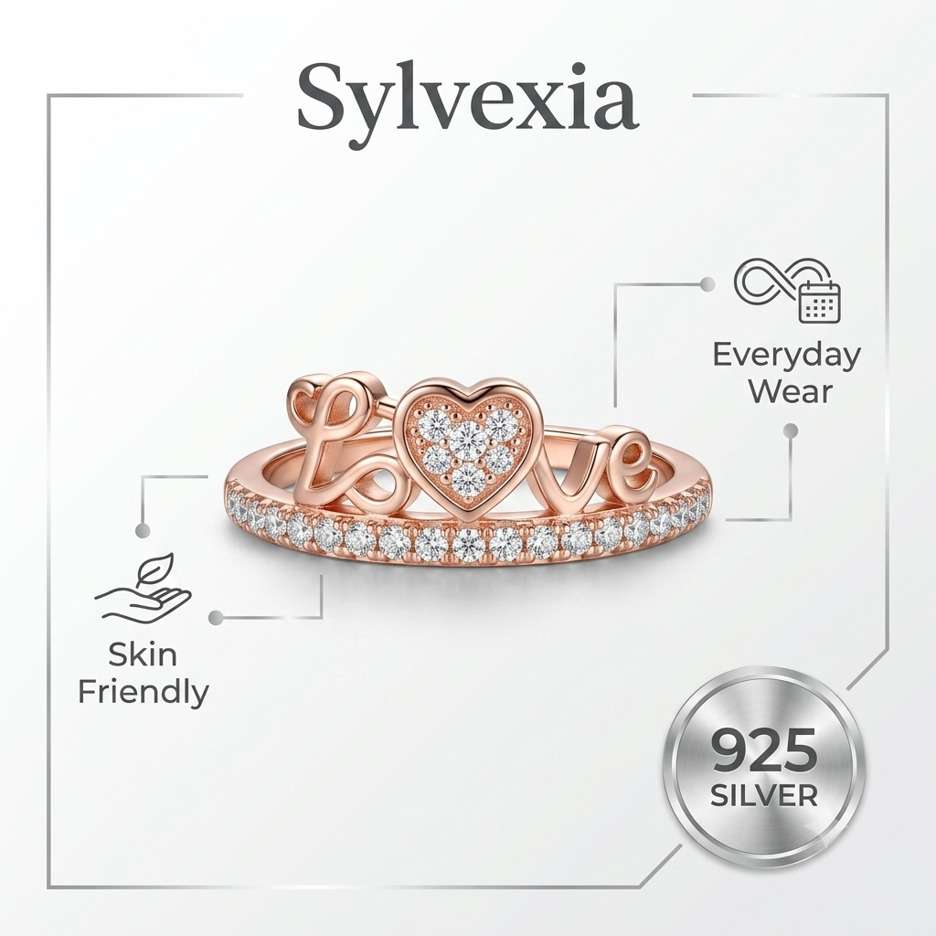 SYLVEXIA 925 Sterling Silver Rose Gold Love Heart CZ Ring for Women