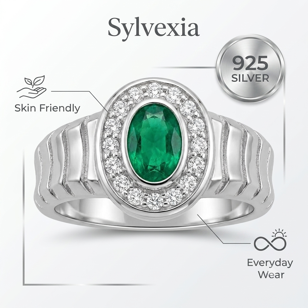 SYLVEXIA Oval Cut Green Emerald Halo Ring in 925 Sterling Silver with CZ Accents for Women