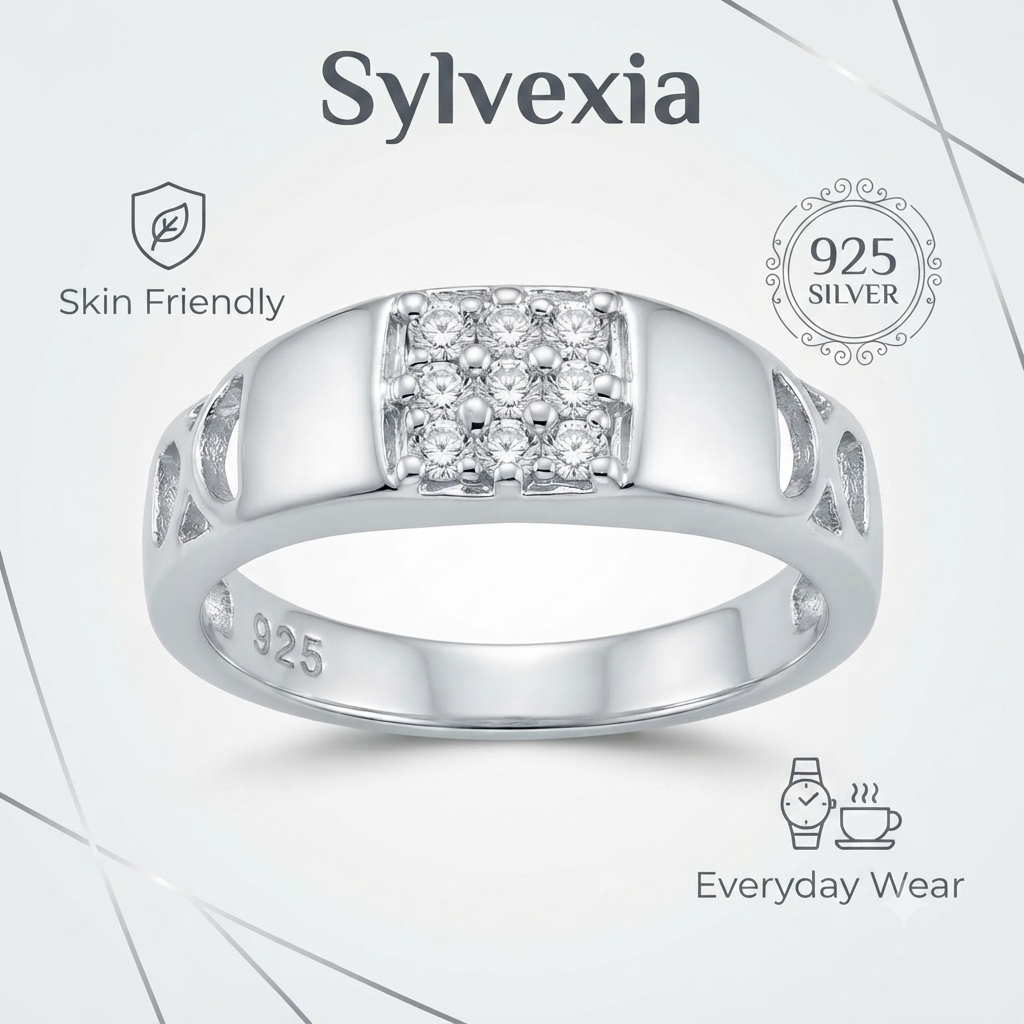 Sylvexia 925 Sterling Silver CZ Cluster Geometric Ring for Women