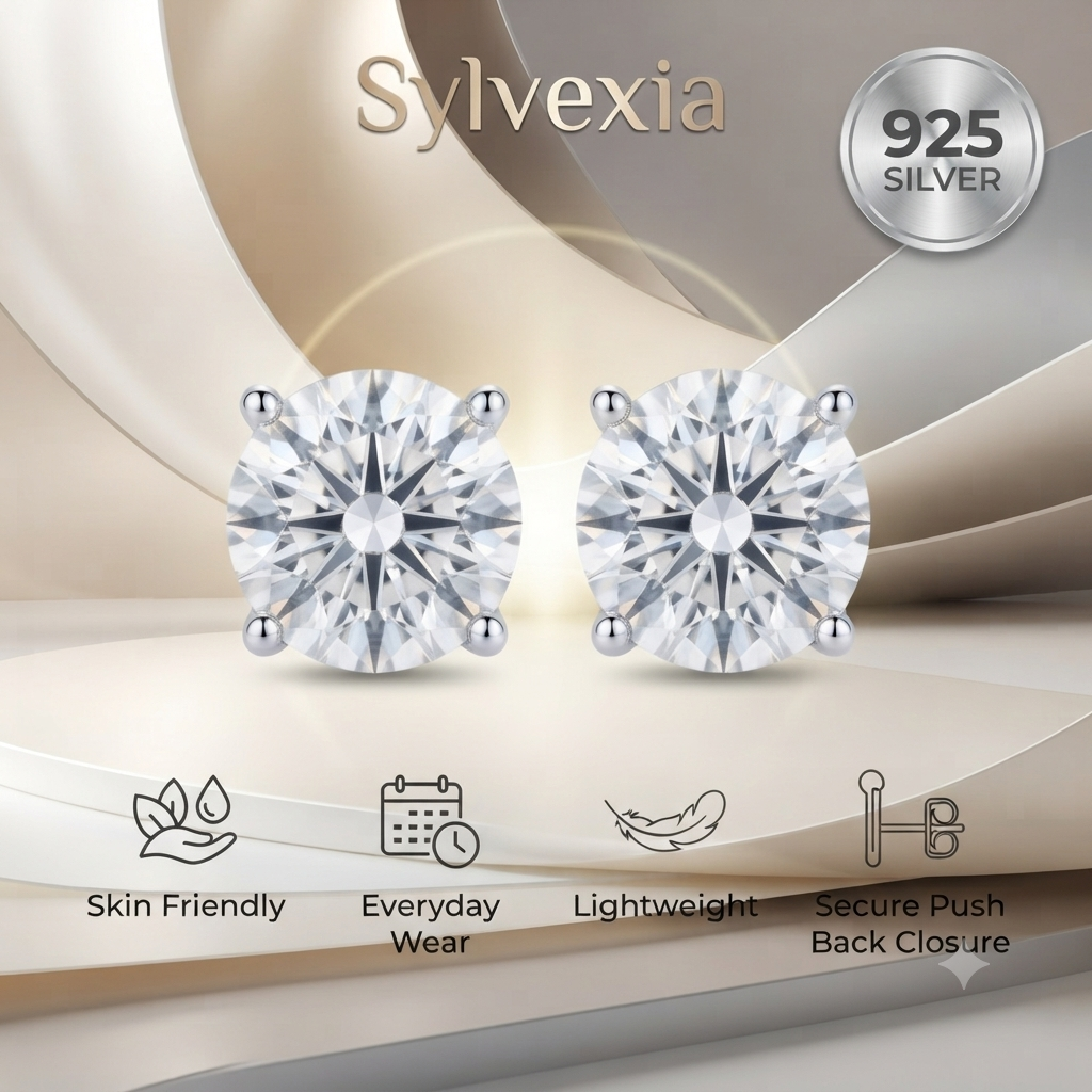 SYLVEXIA 925 Sterling Silver Classic Round Cubic Zirconia Stud Earrings for Women