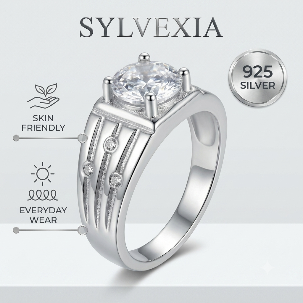 SYLVEXIA 925 Sterling Silver Round CZ Fashion Ring for Women