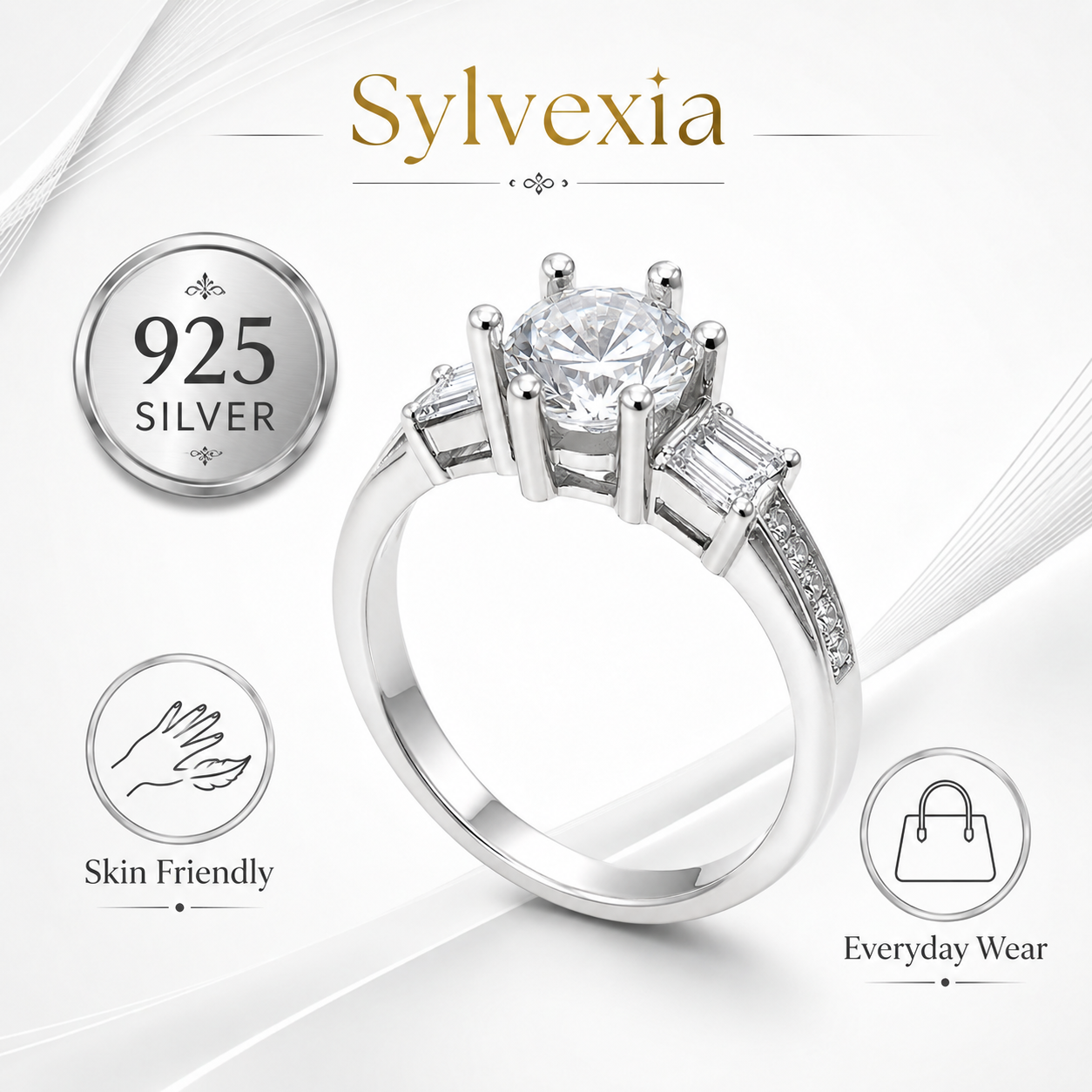 SYLVEXIA 925 Sterling Silver Classic Solitaire Cubic Zirconia Ring for Women