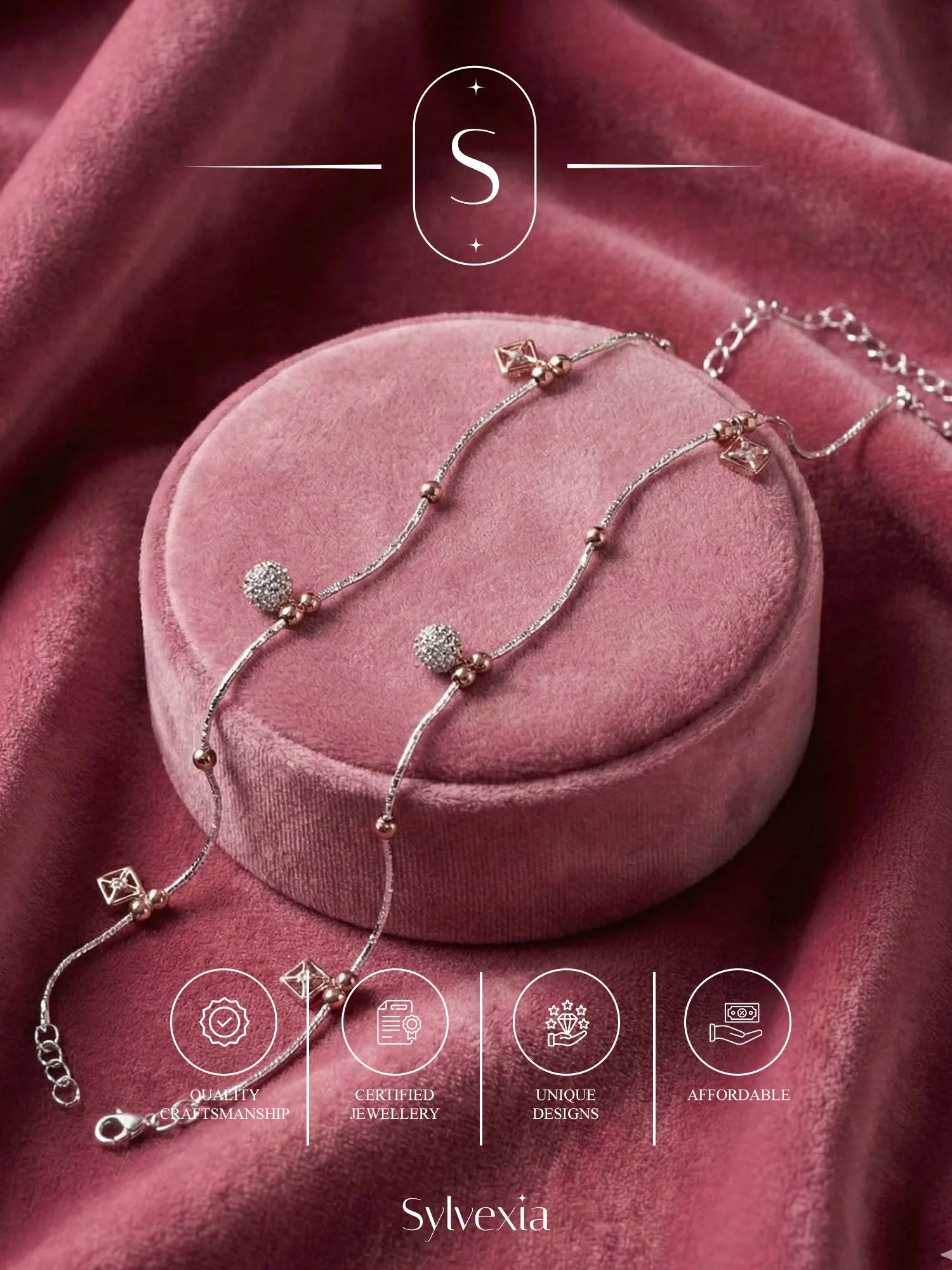 Sylvexia 925 Sterling Silver Charm Anklet
