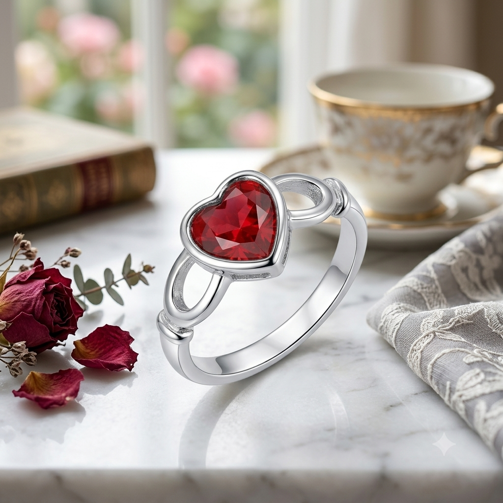 Sylvexia 925 Sterling Silver Red Heart CZ Infinity Ring for Women