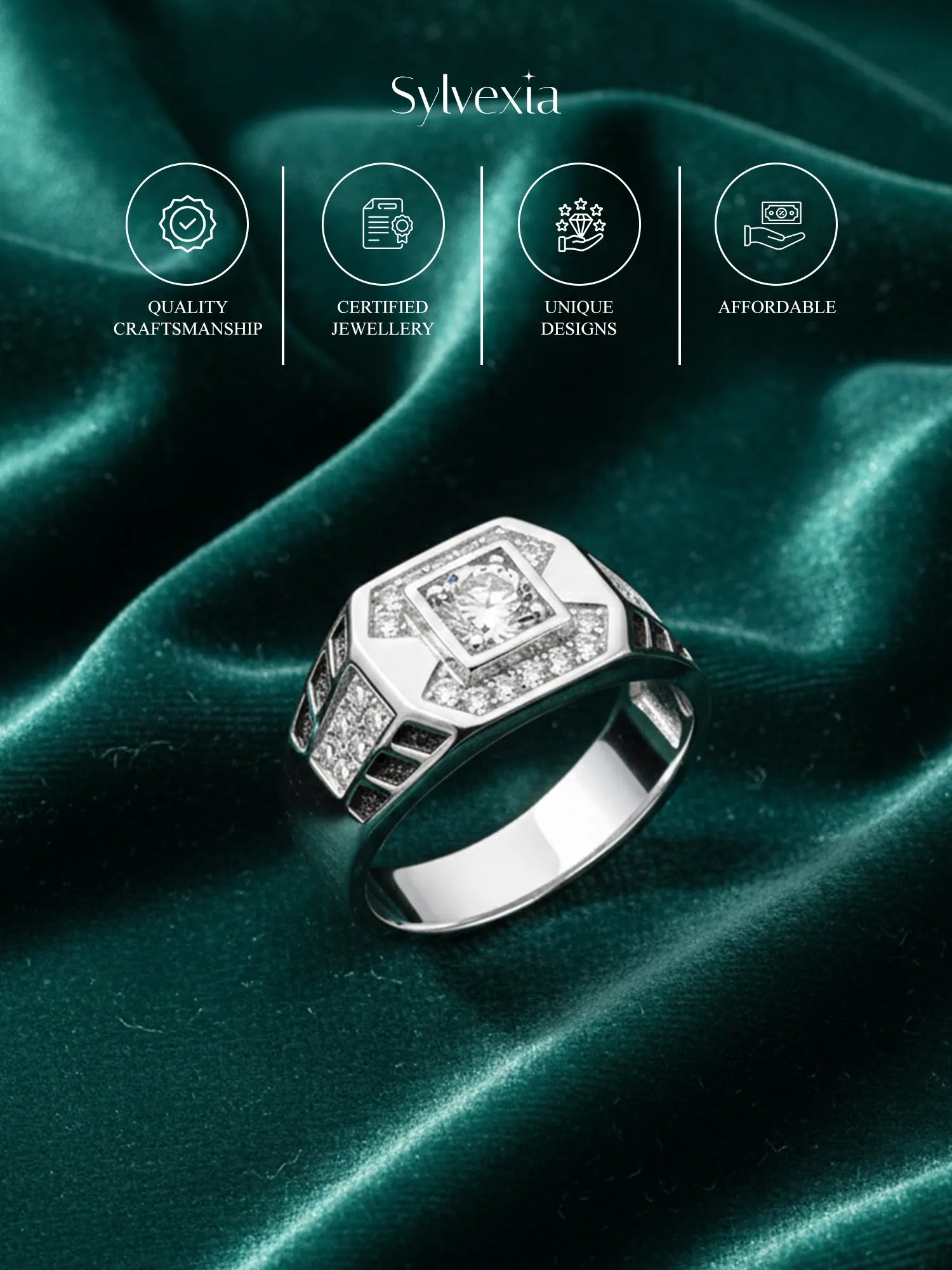 Sylvexia Men’s Silver Square Diamond Ring Stylish