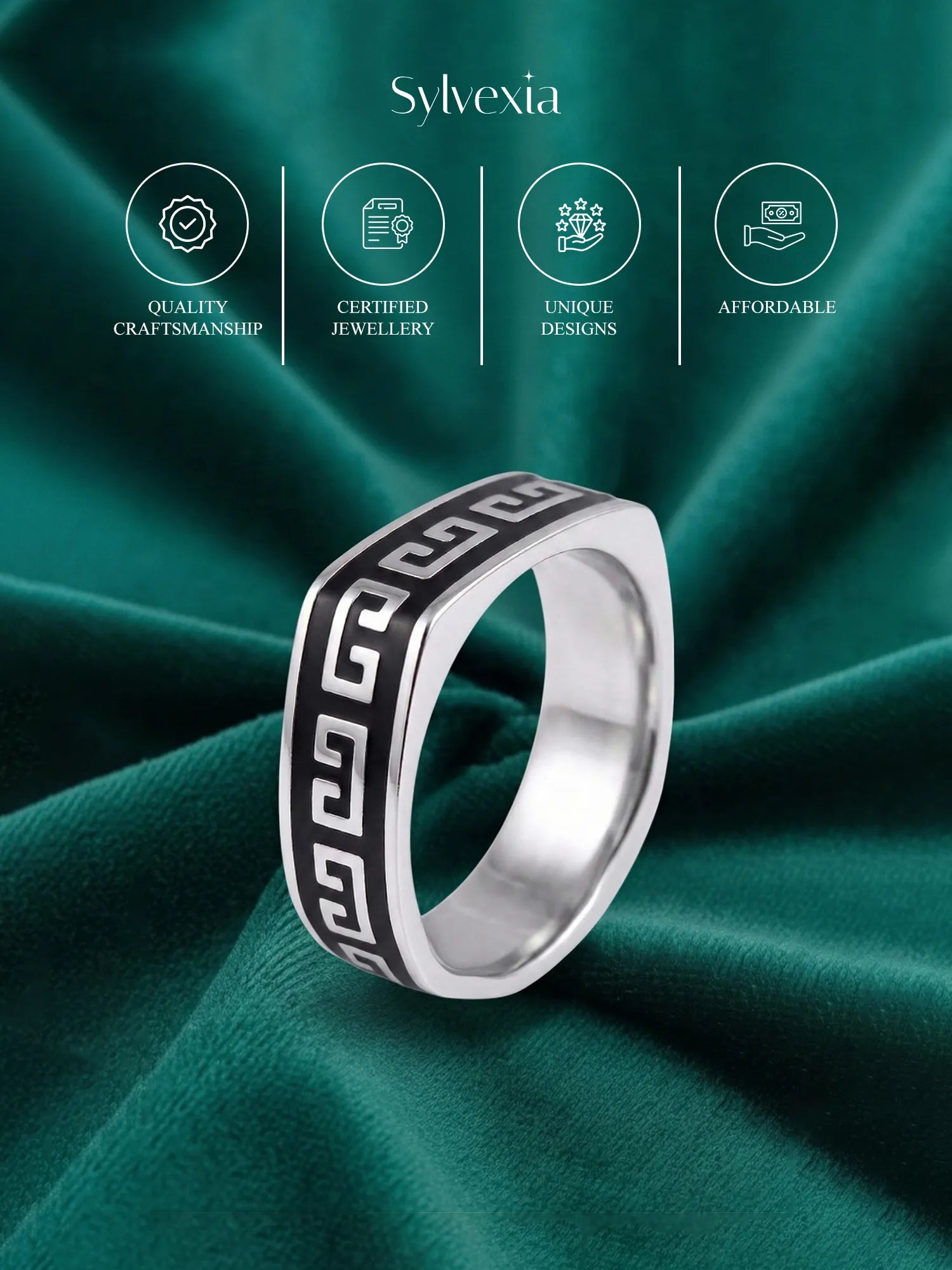 Sylvexia Black Pattern Silver Ring for Men | Minimal Designer Ring