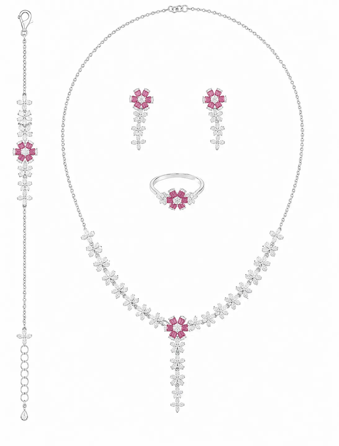 Sylvexia pink Floral Silver Jewelry Set Necklace Earrings Ring Bracelet