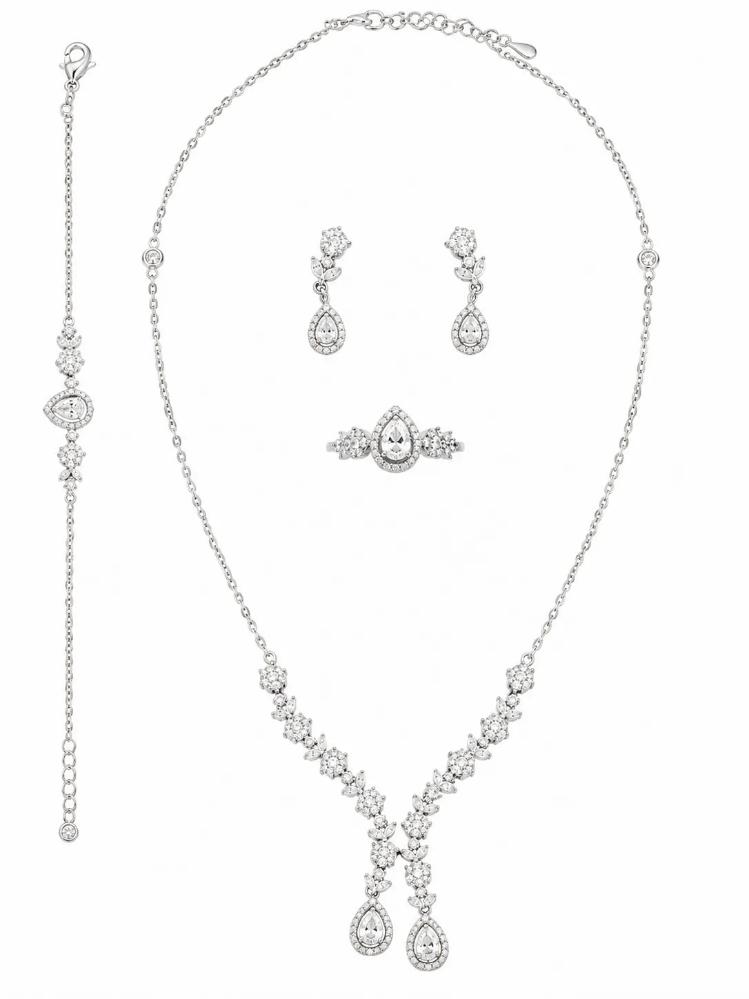 Sylvexia Premium Silver Necklace Earrings Ring Bracelet Jewelry Set Women