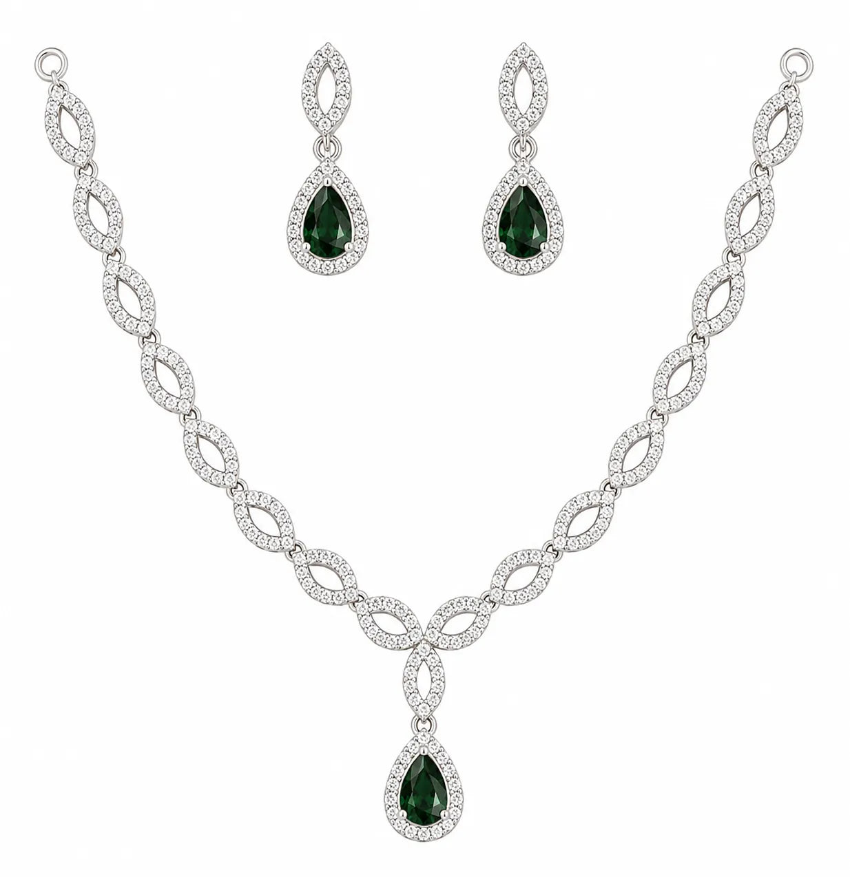 Sylvexia 925 Sterling Silver Green CZ Necklace Set with Drop Earrings for Women
