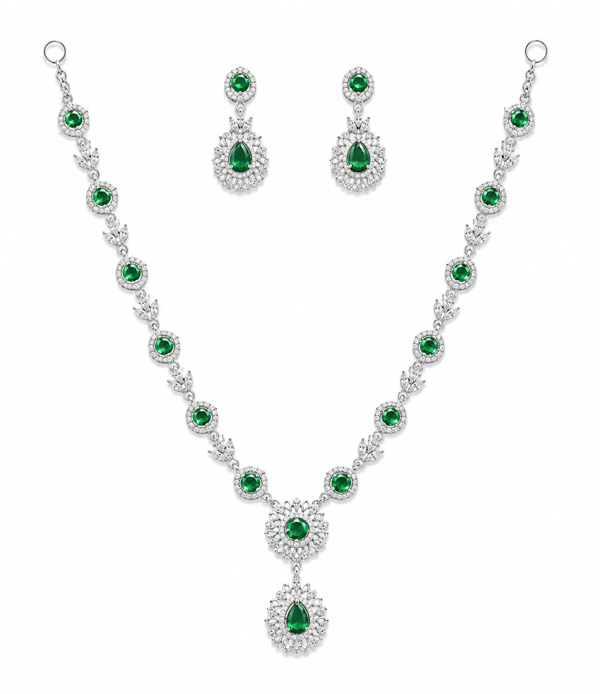Sylvexia 925 Sterling Silver Green CZ Bridal Necklace Set with Earrings
