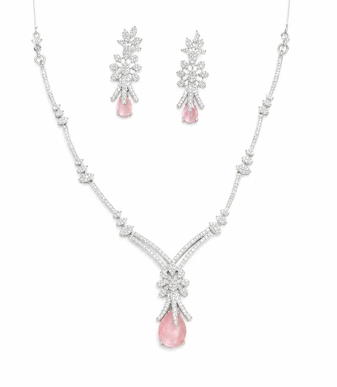 Sylvexia 925 Sterling Silver Pink CZ Necklace Set with Drop Earrings for Women