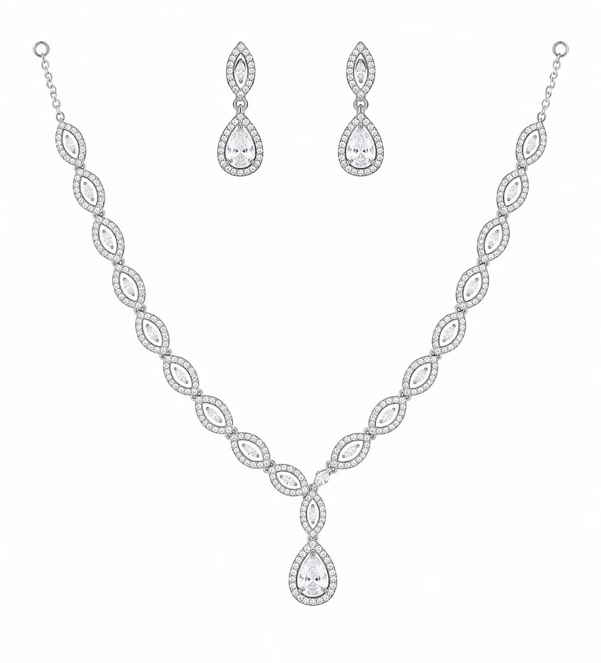 Sylvexia Designer 925 Silver CZ Bridal Necklace Set with Drop Earrings