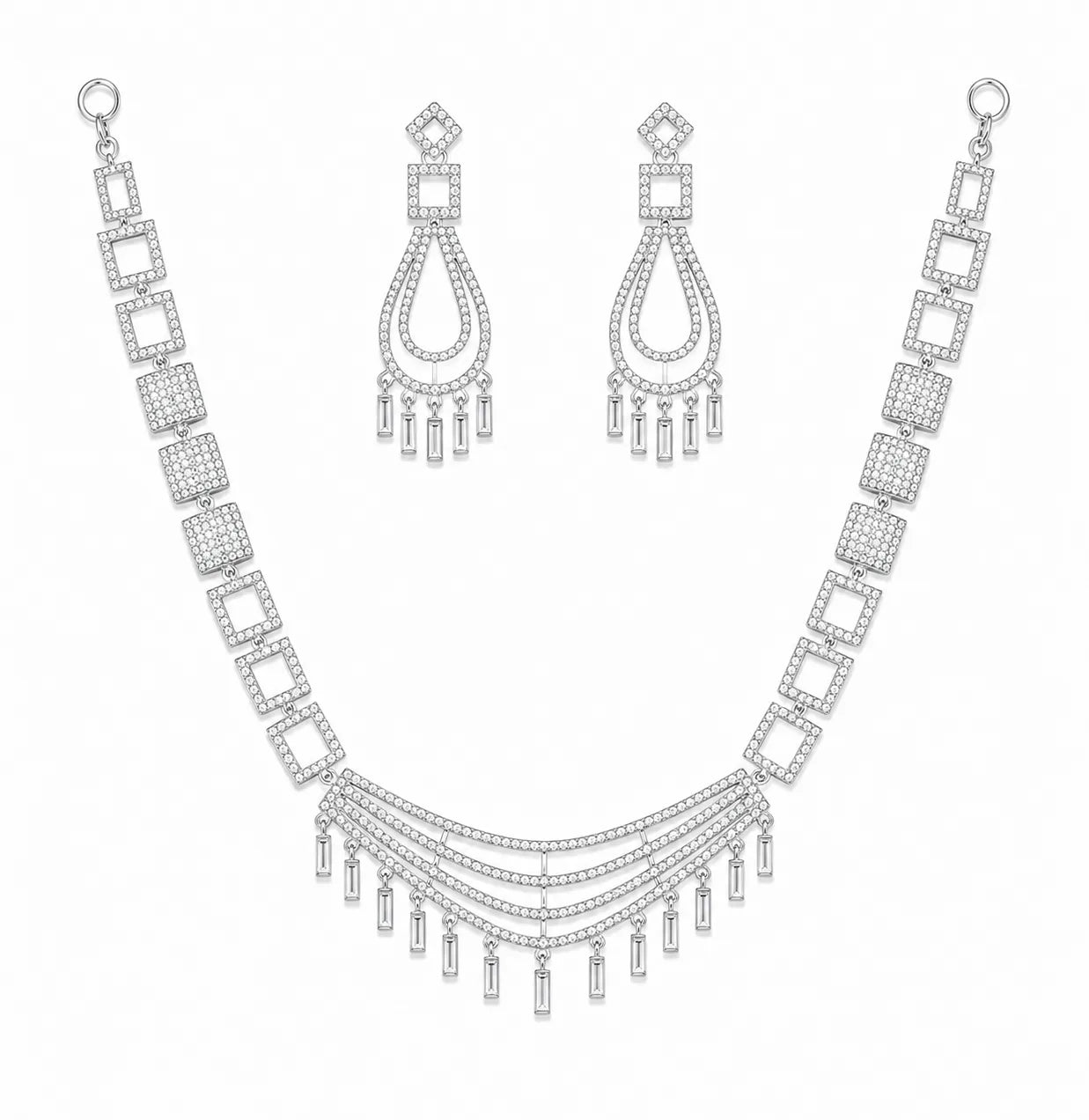 Sylvexia Geometric 925 Silver Plated CZ Stone Necklace Set with Statement Dangle Earrings for Women Party Jewelry
