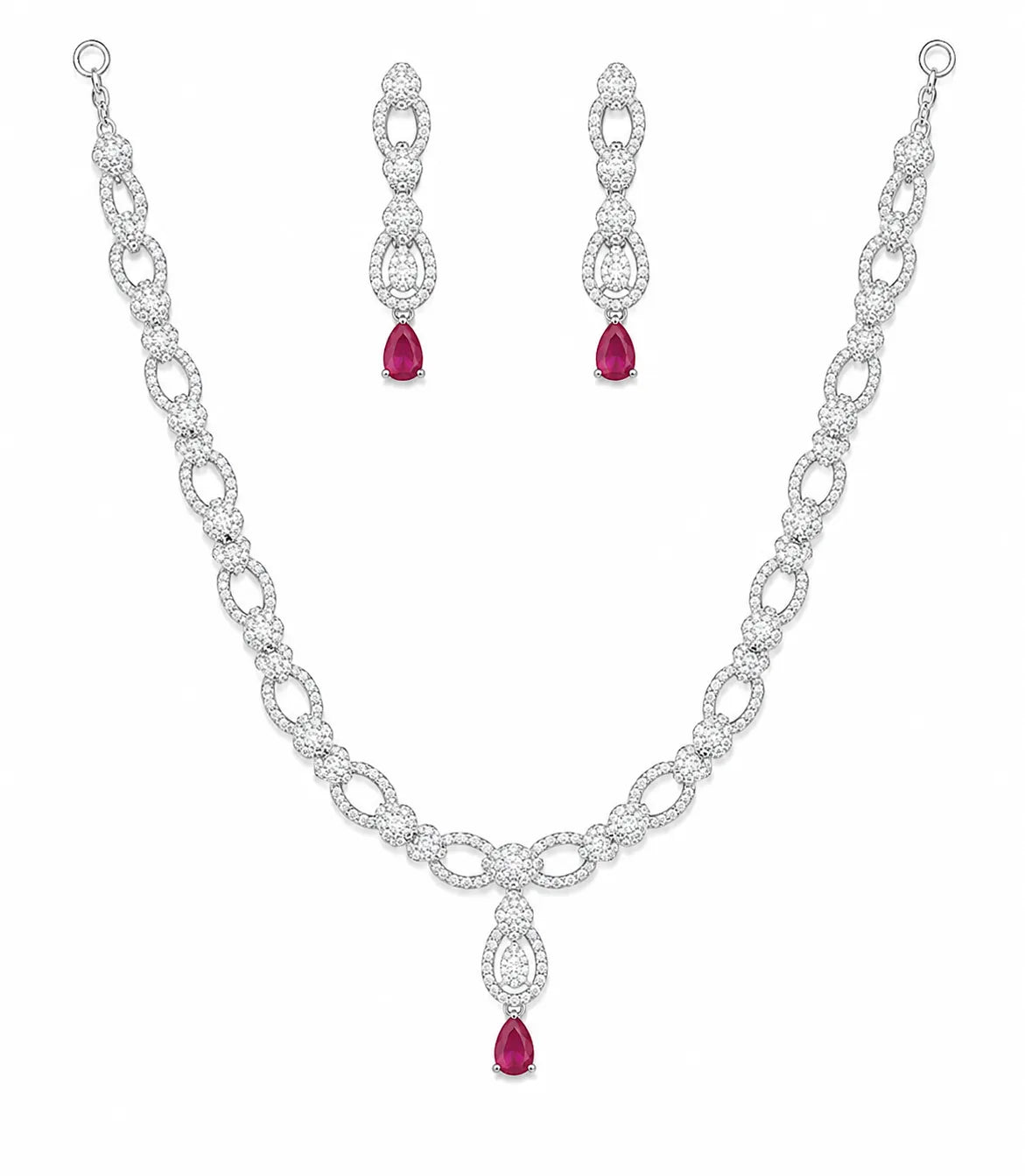 Sylvexia Pink Crystal Necklace & Earrings Set in 925 Sterling Silver