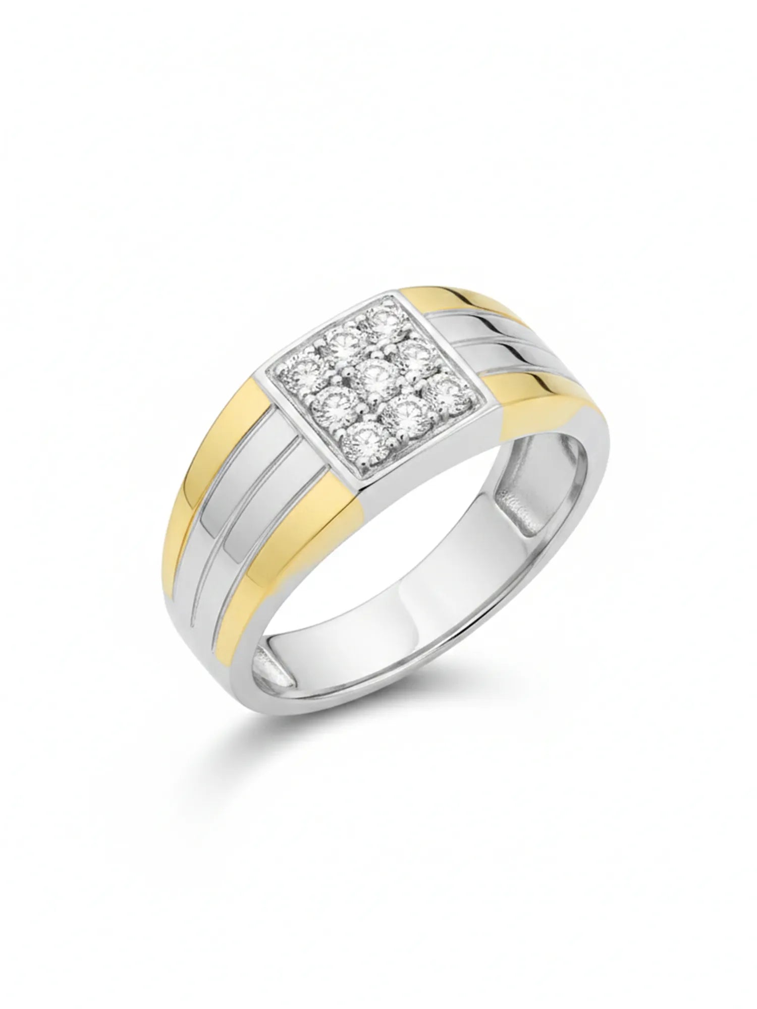 Sylvexia 925 Sterling Silver Two Tone CZ Square Ring for Men | Gold & Silver Luxury Band