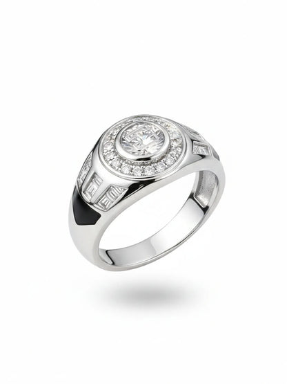 Sylvexia Men’s Silver Halo CZ Black Accent Designer Ring