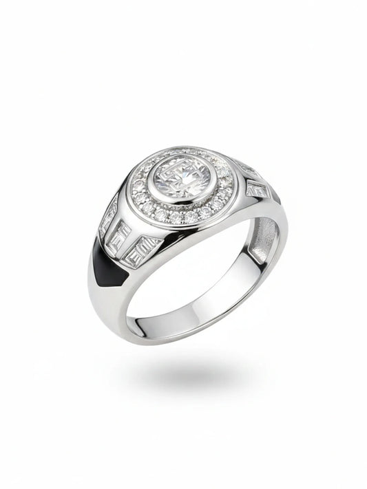 Sylvexia Men’s Silver Halo CZ Black Accent Designer Ring