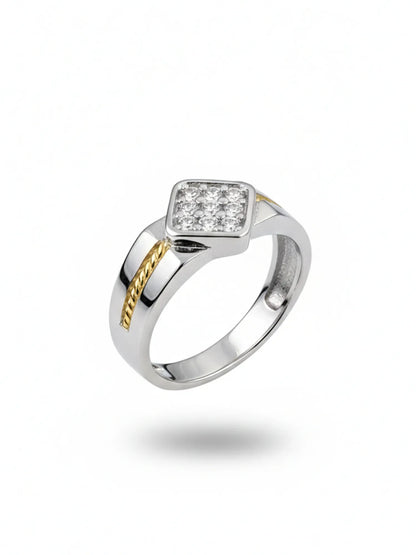 Sylvexia Men’s Two-Tone Square CZ Ring | Silver & Gold Stylish Statement Ring for Men