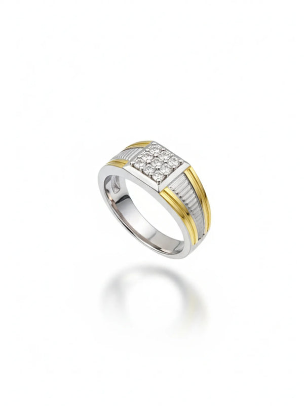 Sylvexia Two Tone CZ Stone Ring for Men Square Cluster Designer Silver & Gold Ring