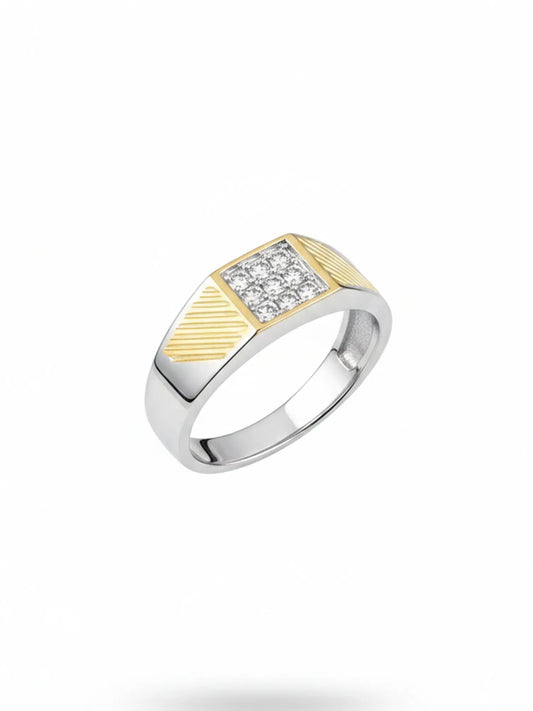 Sylvexia 925 Sterling Silver Two Tone CZ Square Ring for Men | Gold & Silver Band