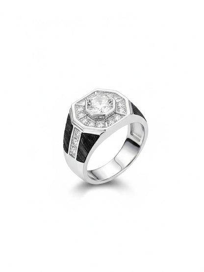 Sylvexia 925 Sterling Silver Octagon Ring for Men Black Enamel Designer Ring