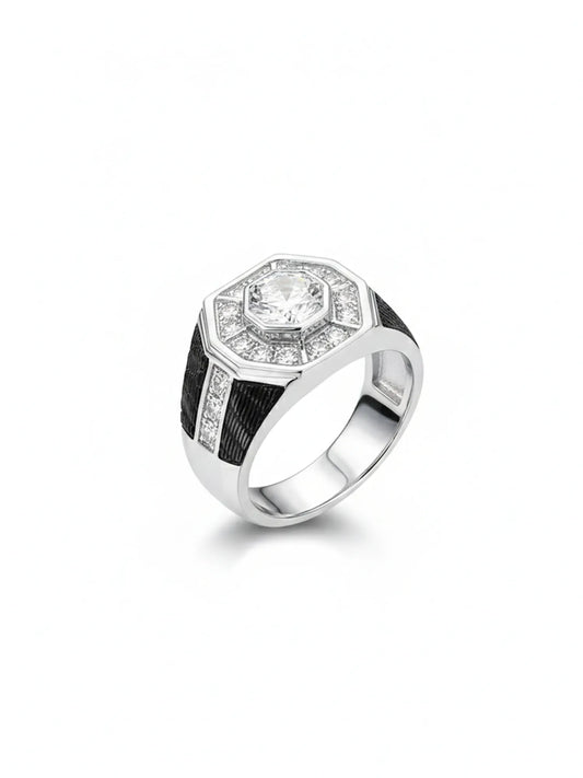 Sylvexia 925 Sterling Silver Octagon Ring for Men Black Enamel Designer Ring