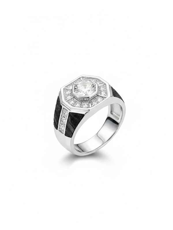 Sylvexia 925 Sterling Silver Octagon Ring for Men Black Enamel Designer Ring