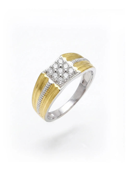 Sylvexia 925 Sterling Silver Two Tone CZ Square Ring for Men | Gold & Silver Statement Band
