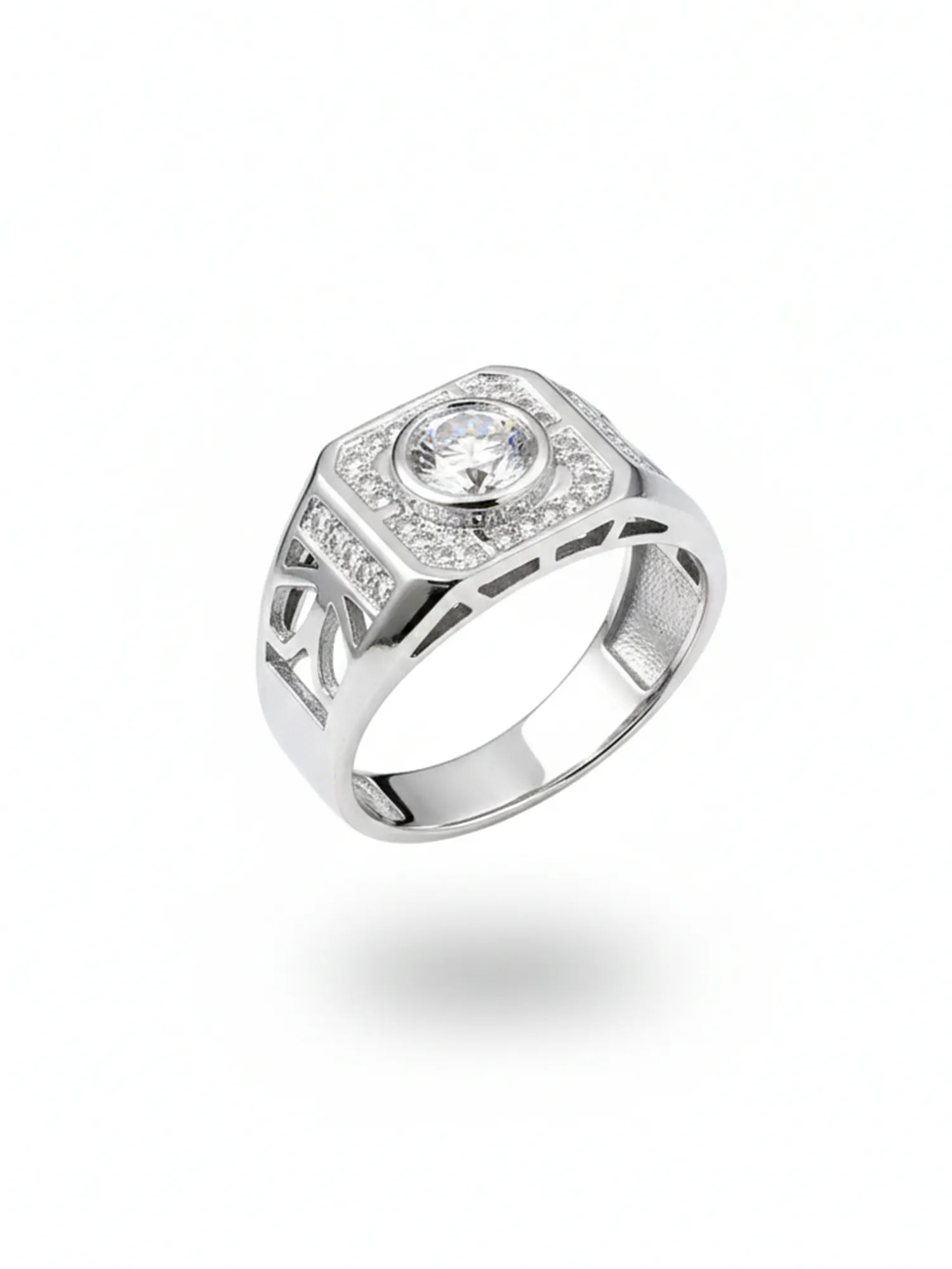 Sylvexia Men’s Silver Round Halo CZ Ring | Geometric Cut Designer Statement Ring
